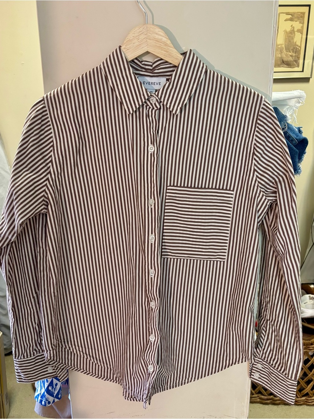 Evereve Brown and White Striped Button-Down Shirt